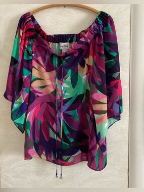 Joseph Ribkoff Tropical Print Off-Shoulder Blouse NWT